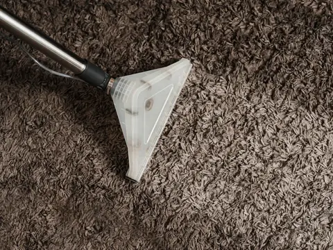 The clear plastic head of an extraction wand on a steel tube resting on brown shag carpet
