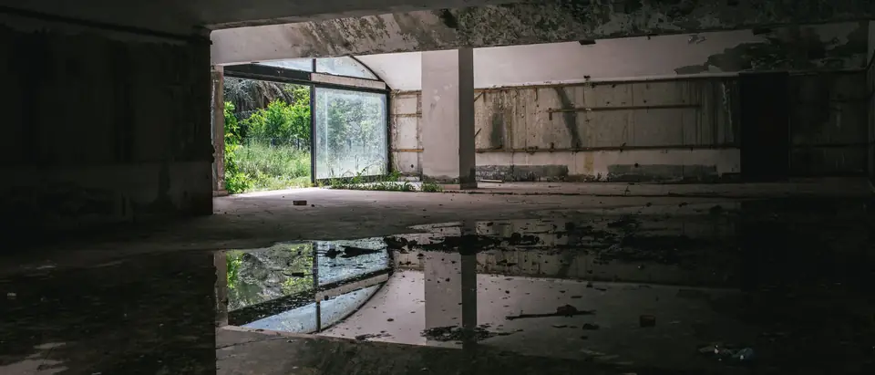 A wide puddle on the floor of a dark empty room reflecting a large window and a white pillar, with green plants outside the glass