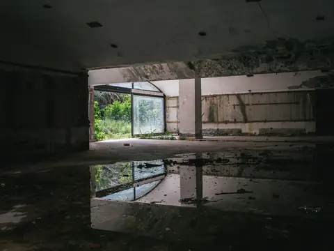 A wide puddle on the floor of a dark empty room reflecting a large window and a white pillar, with green plants outside the glass