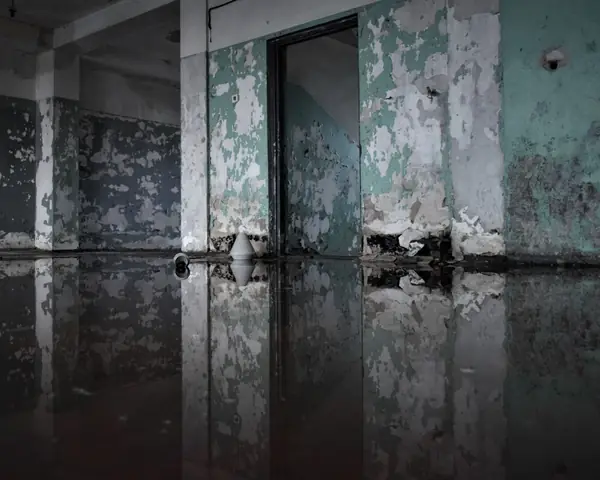 Still water covering the floor of a dim empty room and reflecting its peeling green and white walls and an open doorway