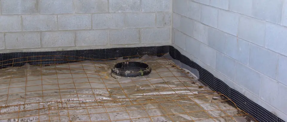 A round black drain basin set in the floor of a bare concrete block basement, with wire mesh lying over wet plastic sheeting around it